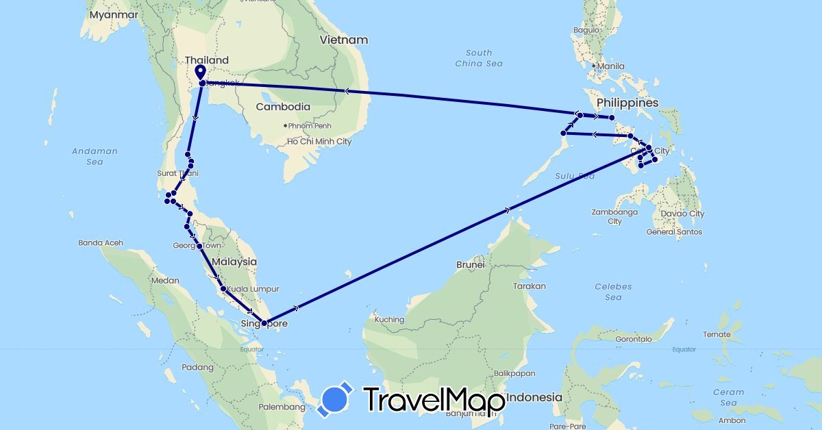 TravelMap itinerary: driving in Malaysia, Philippines, Singapore, Thailand (Asia)